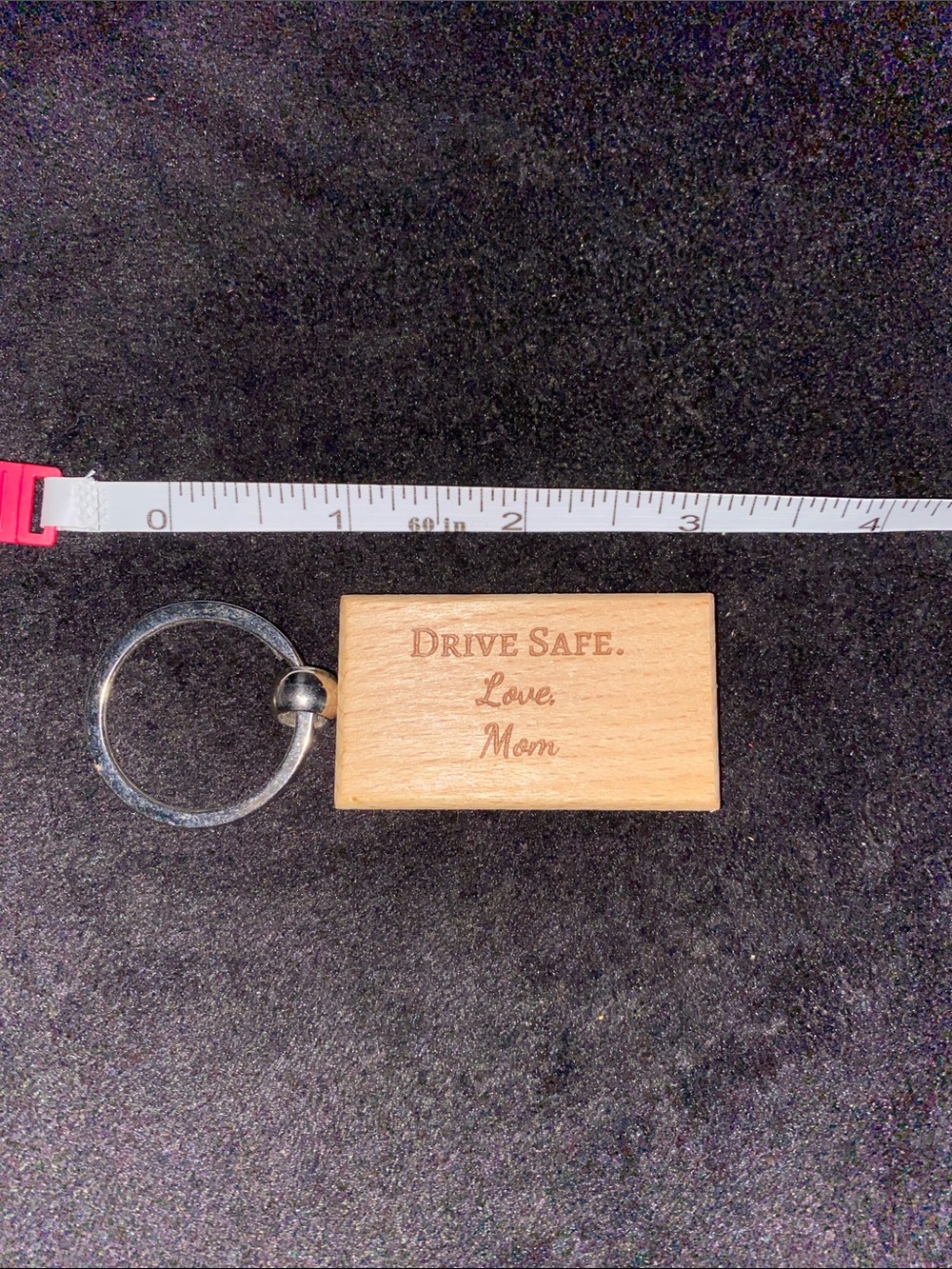 Engraved Wooden Keyring - "Drive Safe. Love, Mom" - Natural Brown
